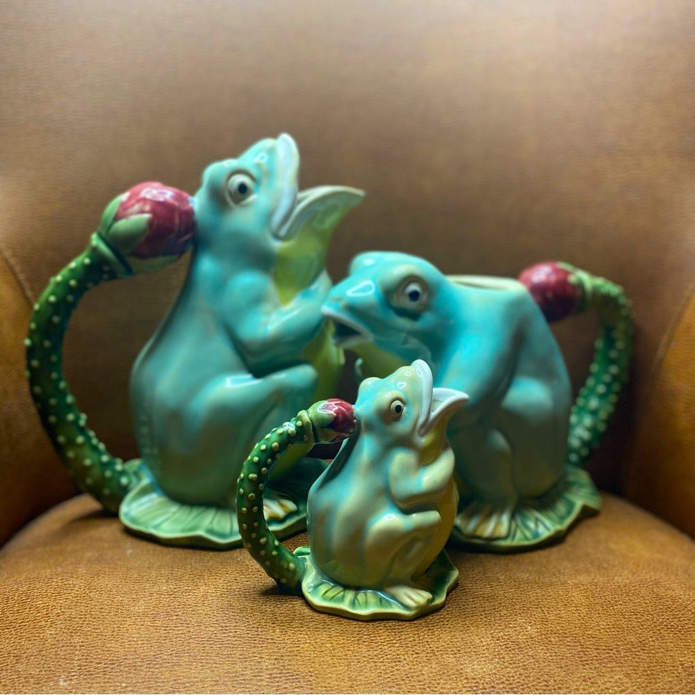 Henriksen Imp Majolica Ceramic Frogs on Lily Pad Water Pitchers Flower Handle.